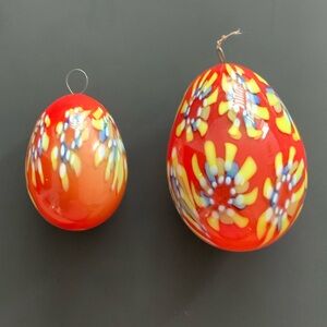 Handblown Glass Egg Ornaments (2) in Red with Yellow & Blue Flower Motif